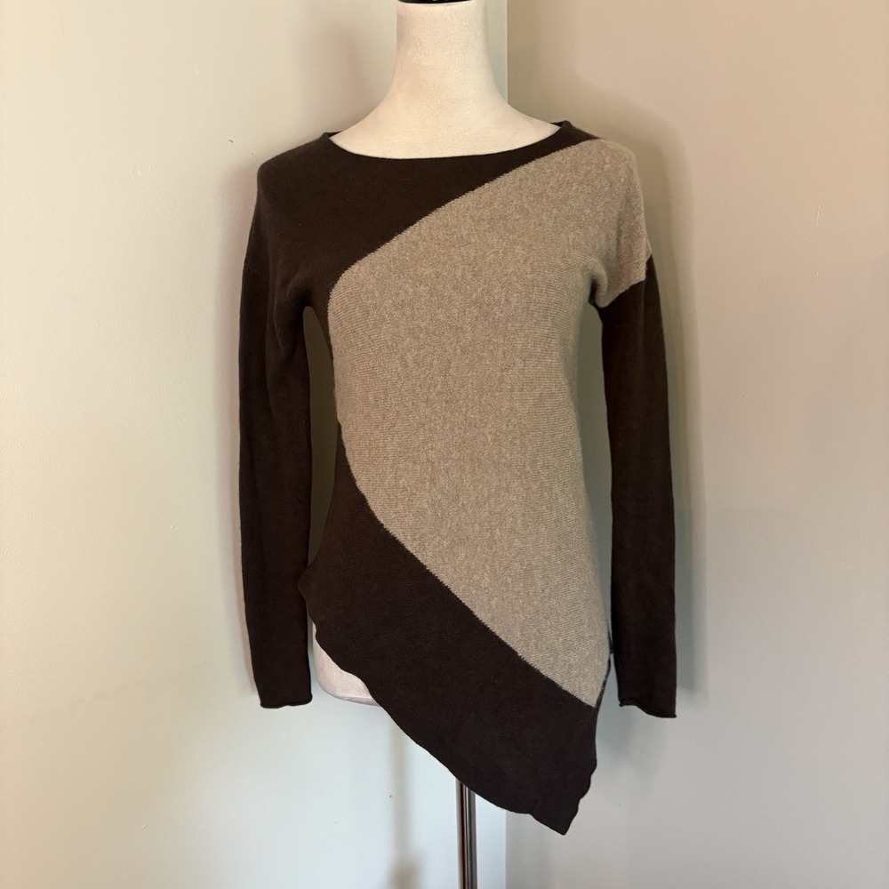 Neiman Marcus Cashmere Sweater Womens XS Asymmetric Colorblock Tunic Brown Tan